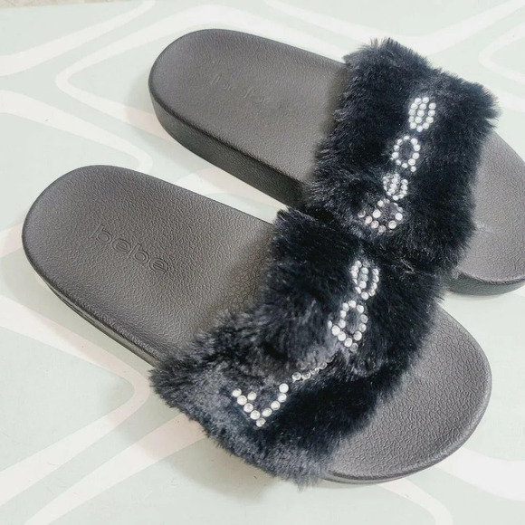 Bebe Furiosa Fluffy Faux Fur Slide Sandal Black 6M - Picture 3 of 3
